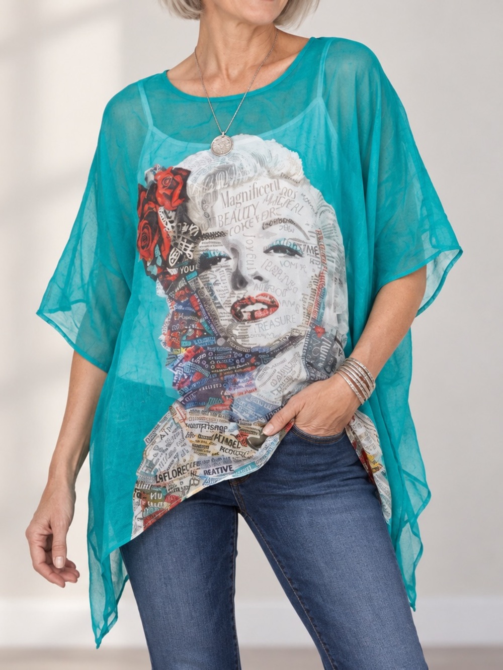 NWT Sterling Styles Silk Wearable Art Turquoise Top Art Pop Marilyn Monroe
